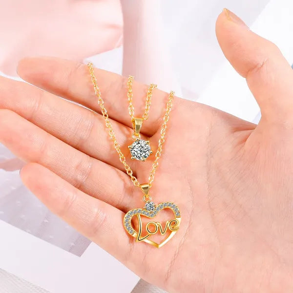 Gold Layered Necklace with Heart and Gemstone Pendants