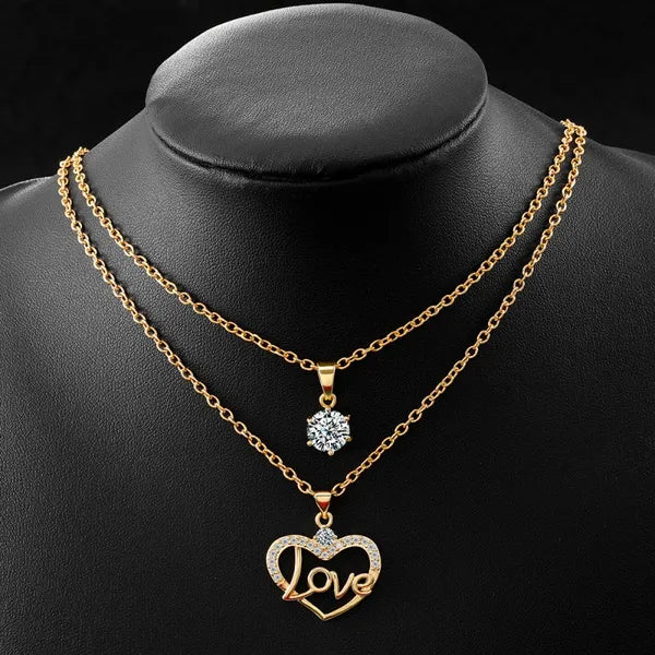 Gold Layered Necklace with Heart and Gemstone Pendants