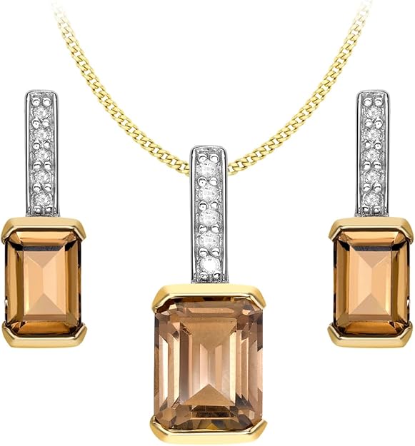 Carissima Gold Smoky Quartz and Diamond Stud Earrings with Matching Pendant Necklace (46cm/18")