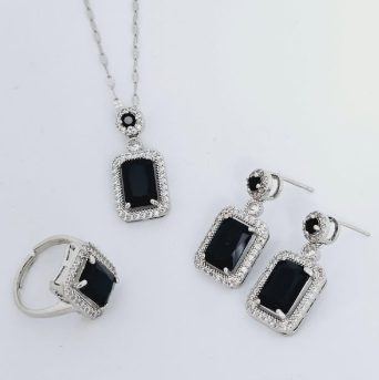 Silver Jewelry Set  – Black Cubic Zirconia & White Zircon Earrings, Necklace, and Ring