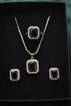 Silver Jewelry Set  – Black Cubic Zirconia & White Zircon Earrings, Necklace, and Ring