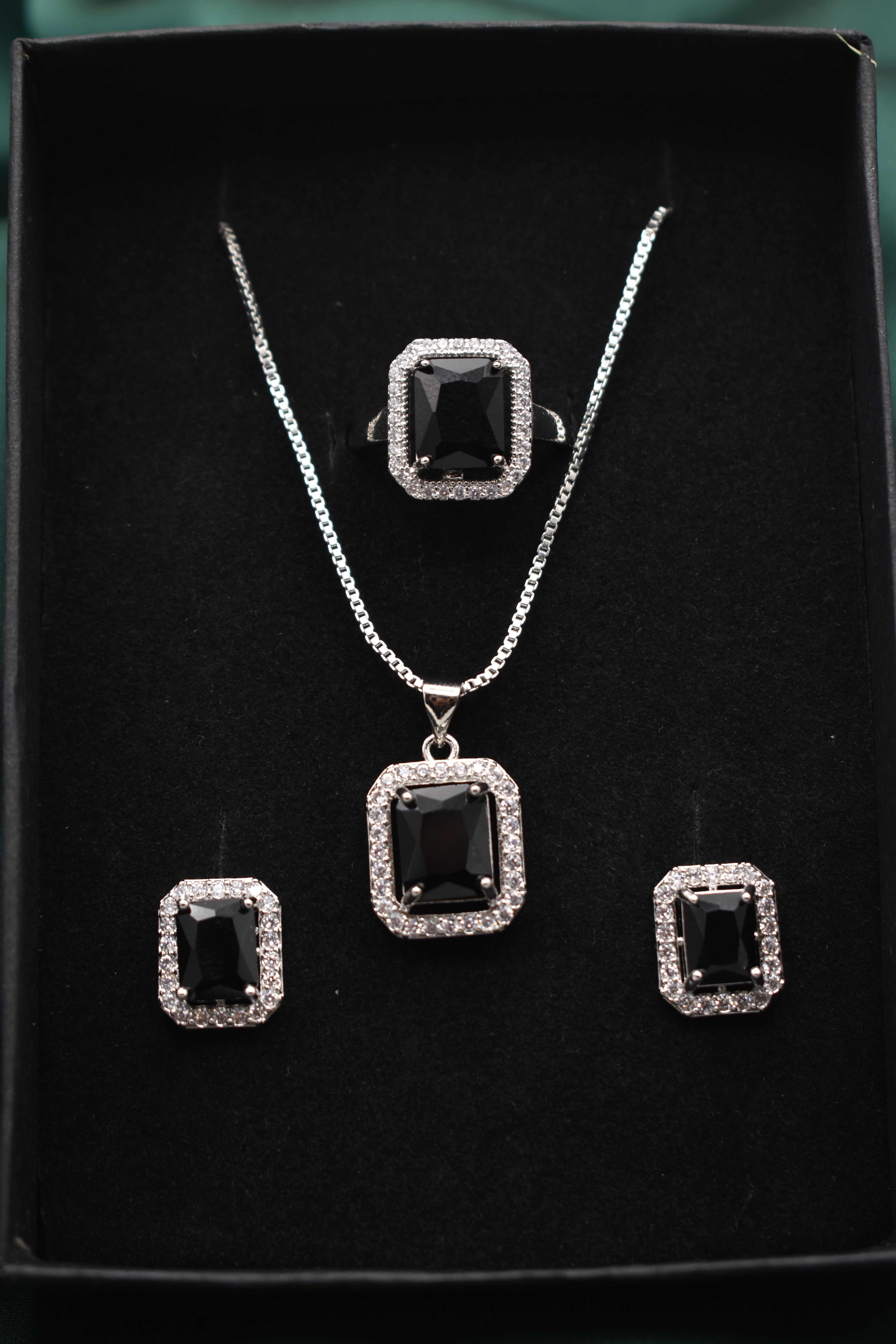 Silver Jewelry Set  – Black Cubic Zirconia & White Zircon Earrings, Necklace, and Ring