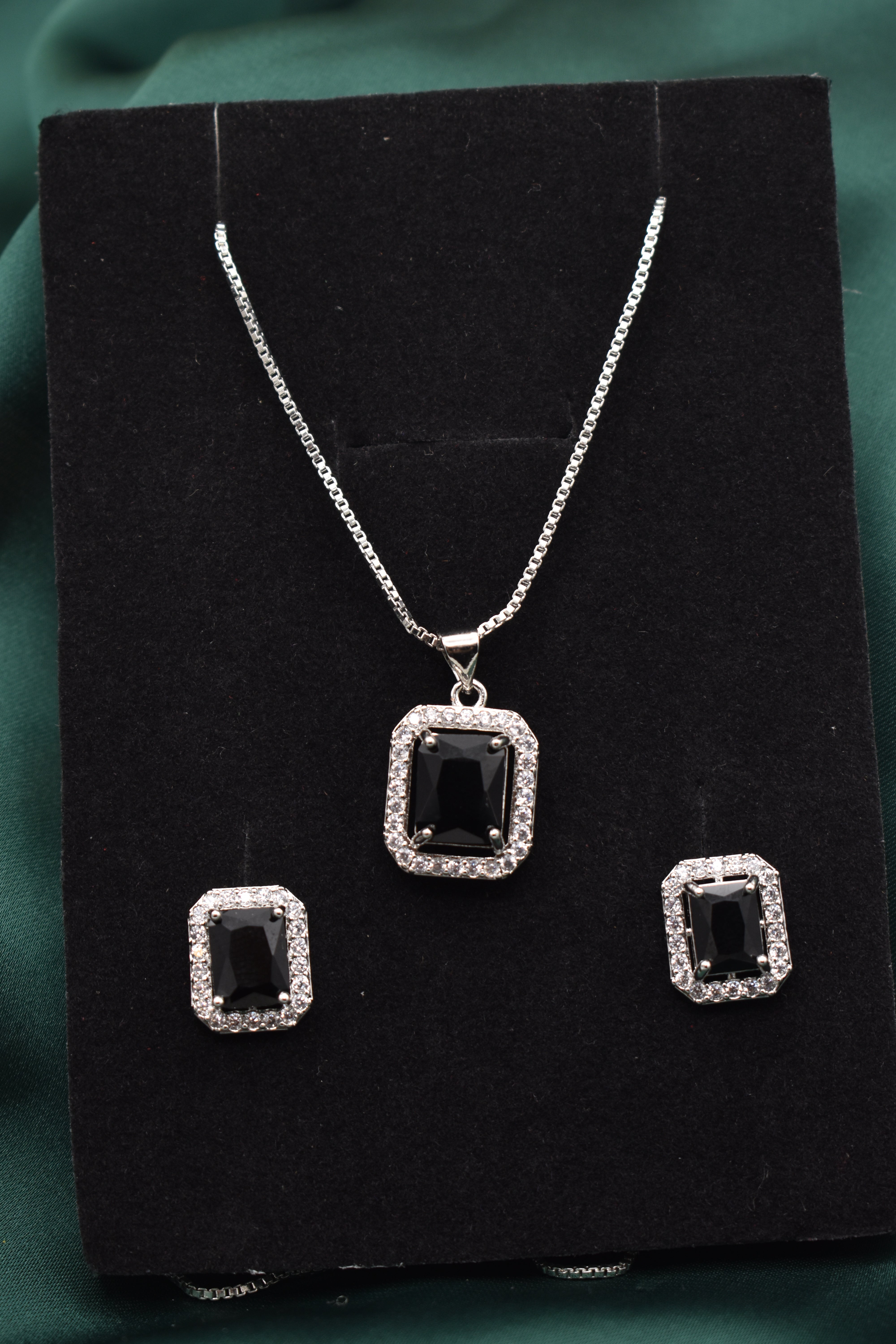 Silver Jewelry Set  – Black Cubic Zirconia & White Zircon Earrings, Necklace, and Ring