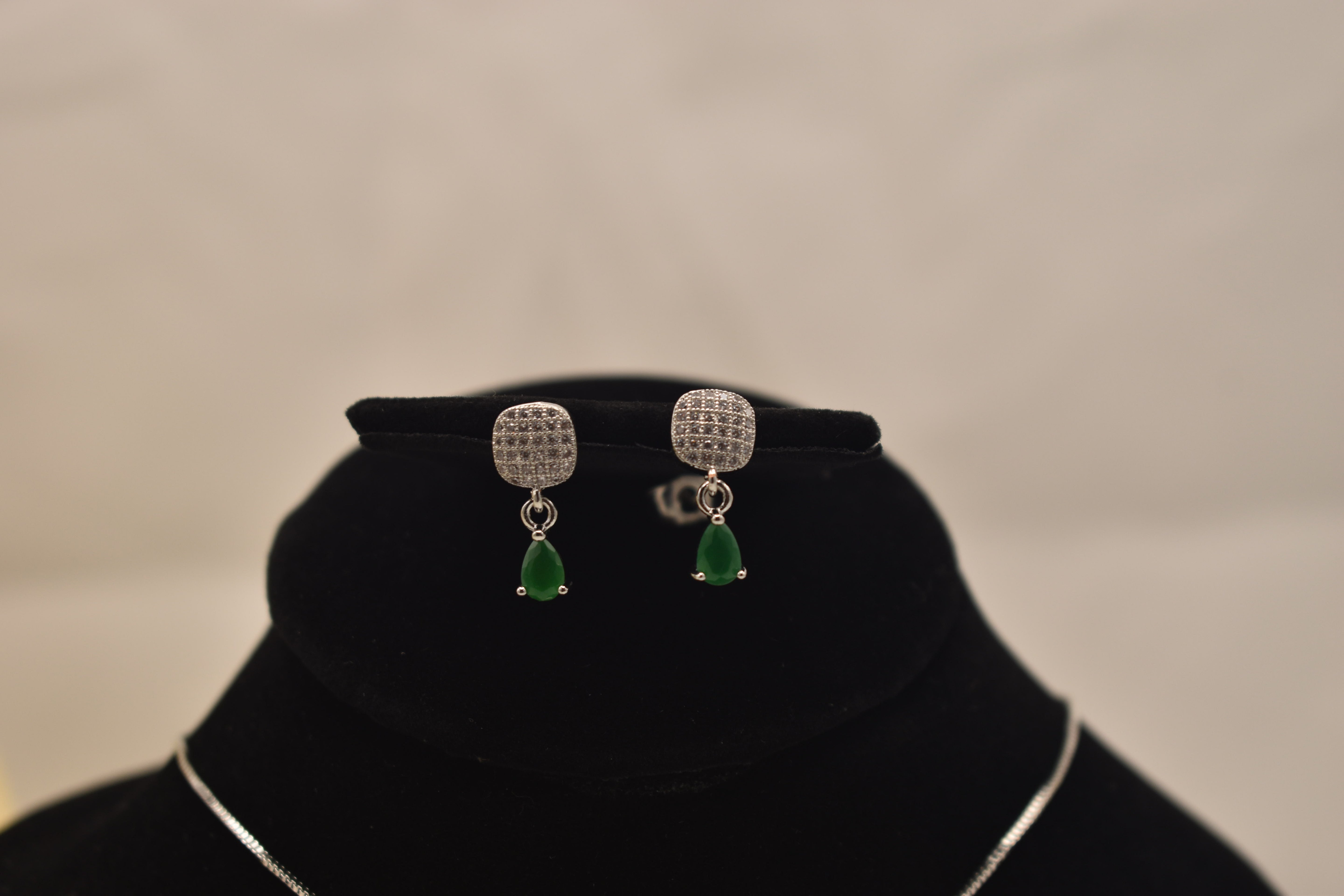 Elegant Emerald Drop Earrings and Necklace Set with Green Zircon Accents