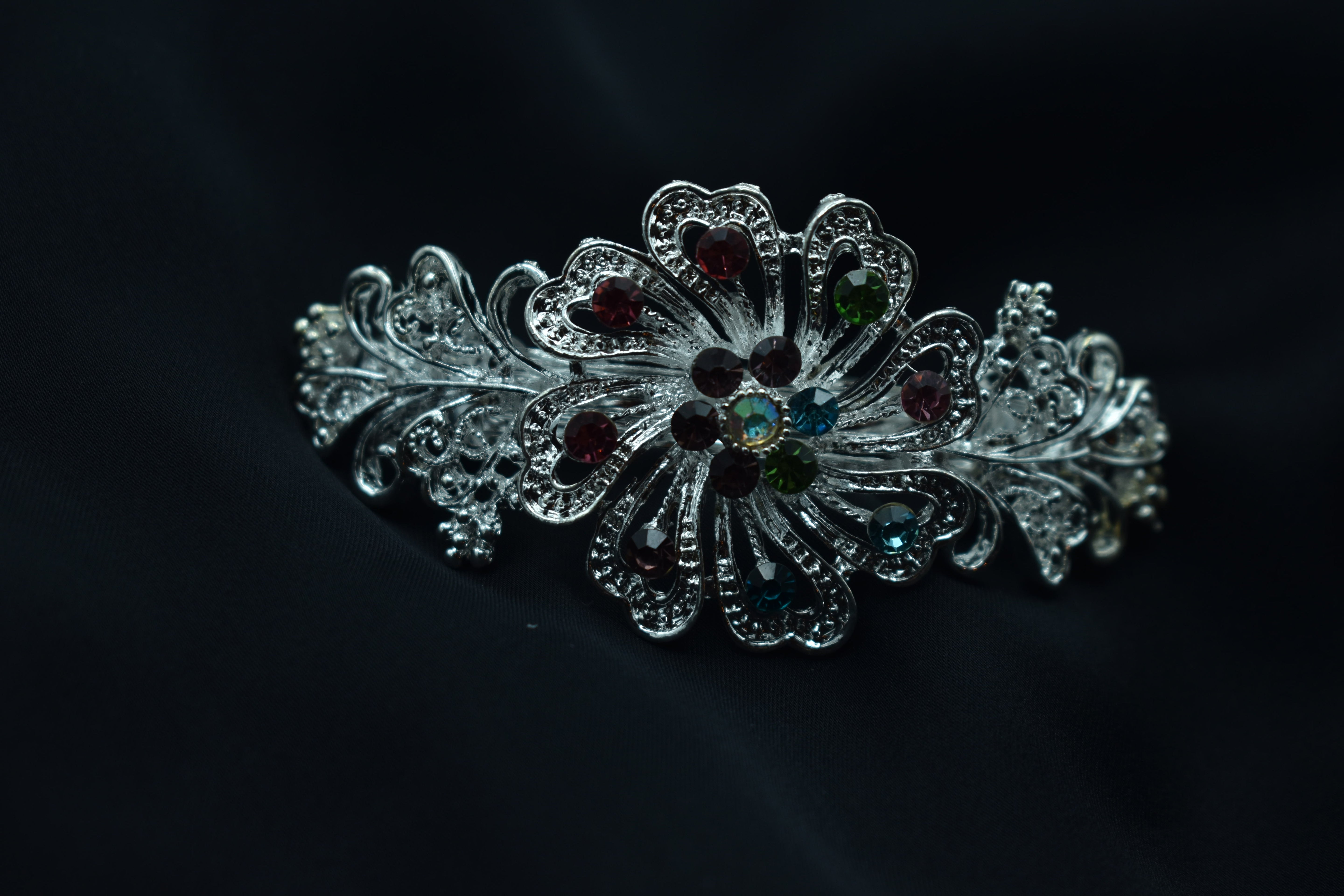 Floral Silver Hair Clip with Multicolored Gemstones – Perfect for Weddings & Parties