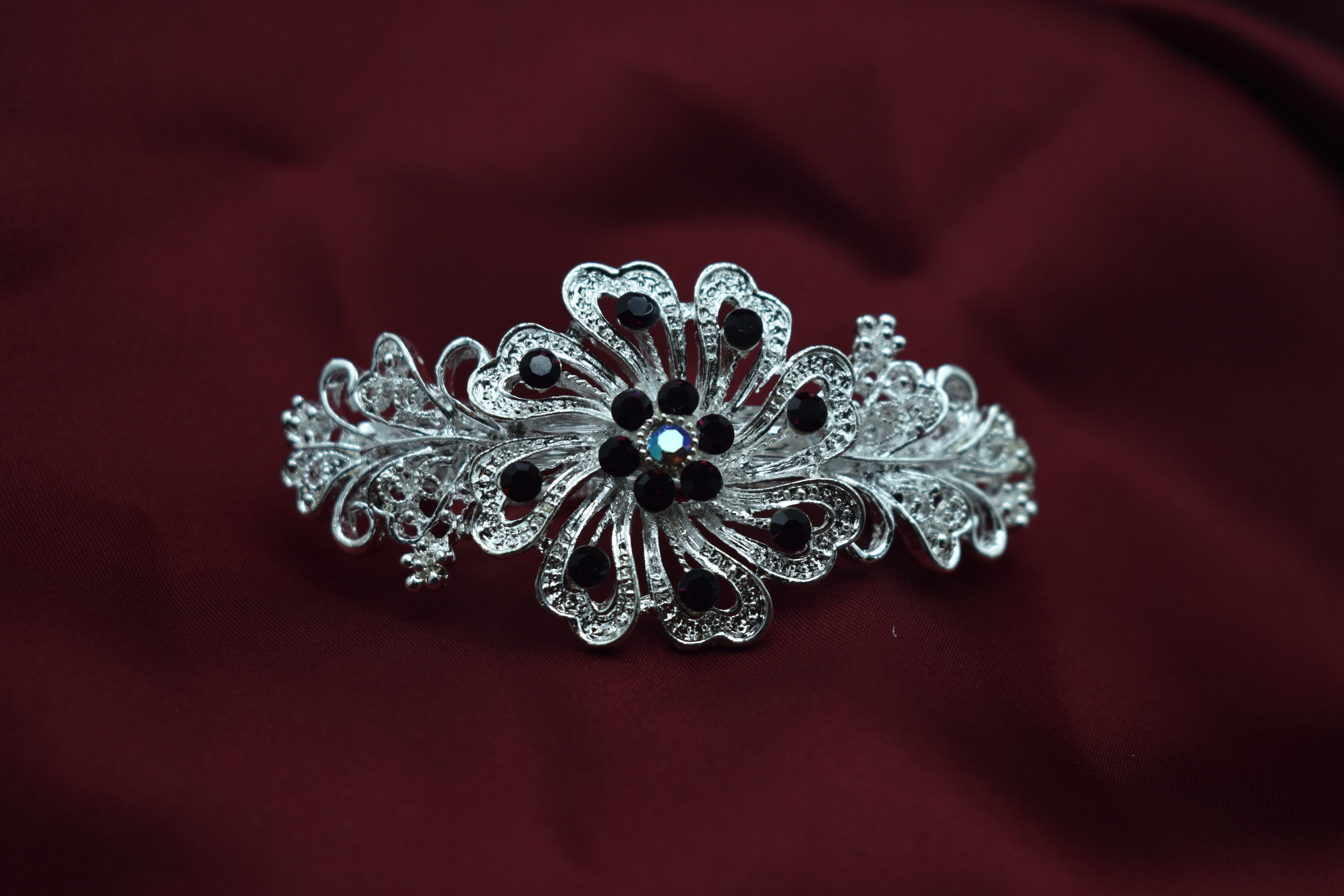 Floral Silver Hair Clip with Multicolored Gemstones – Perfect for Weddings & Parties