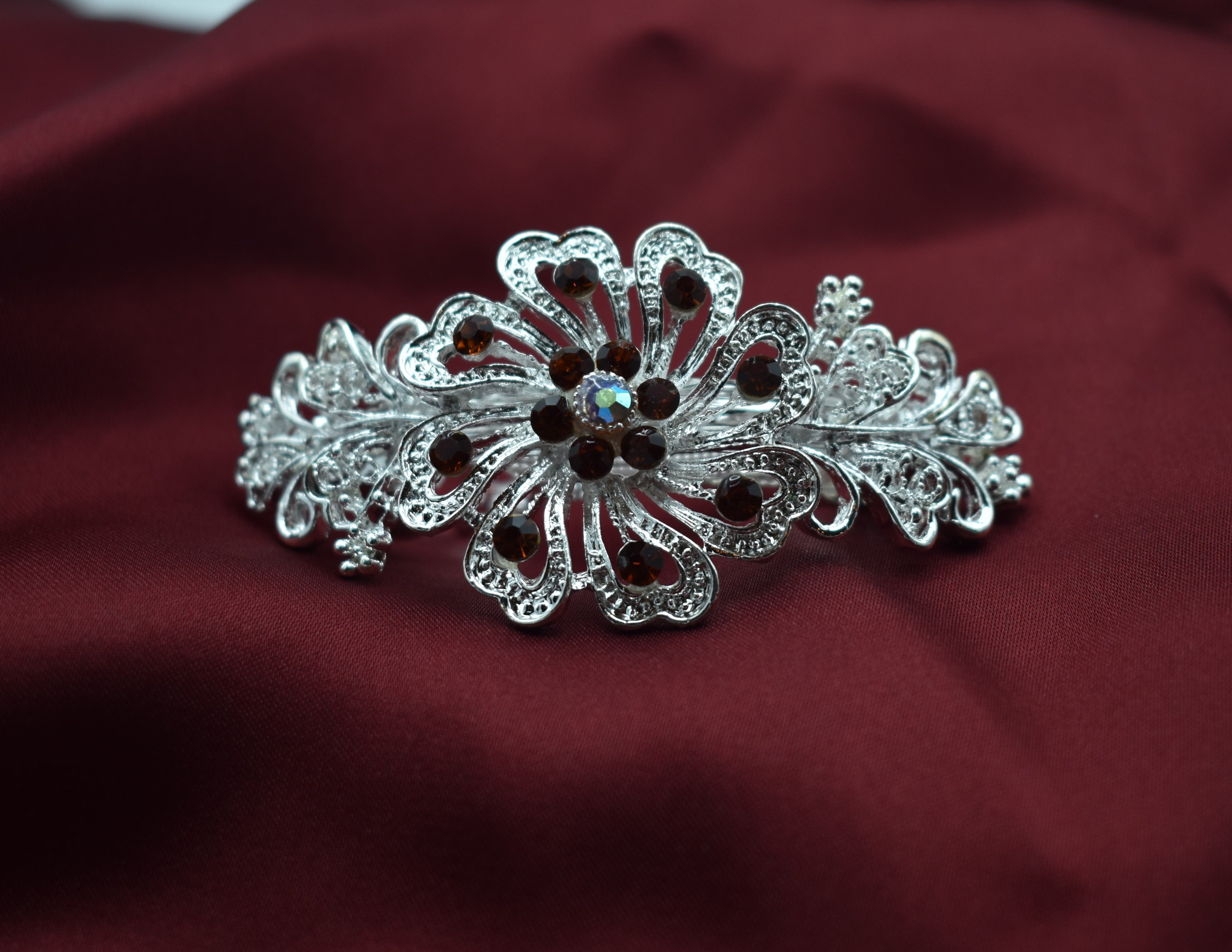 Floral Silver Hair Clip with Multicolored Gemstones – Perfect for Weddings & Parties