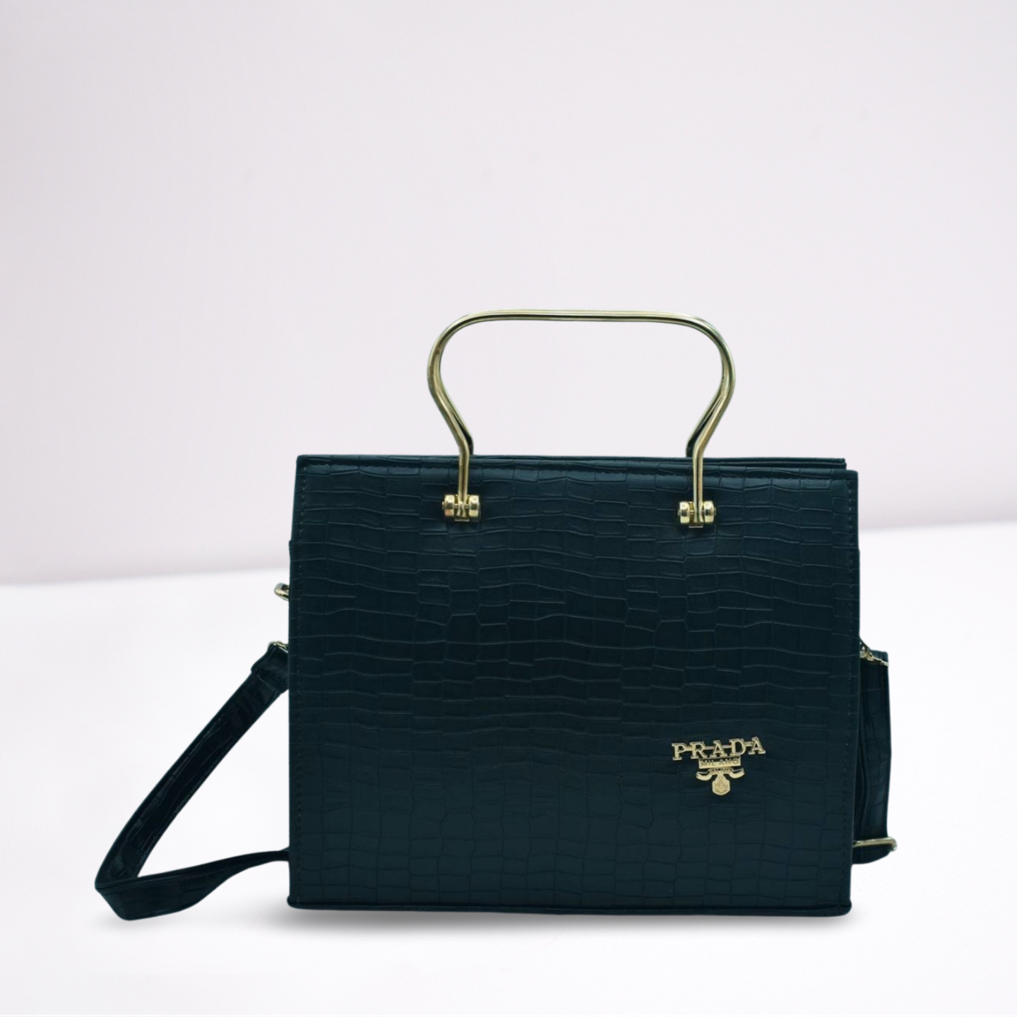 Elegant Prada Crocodile-Effect Bag with Metallic Handle – Sleek and Stylish