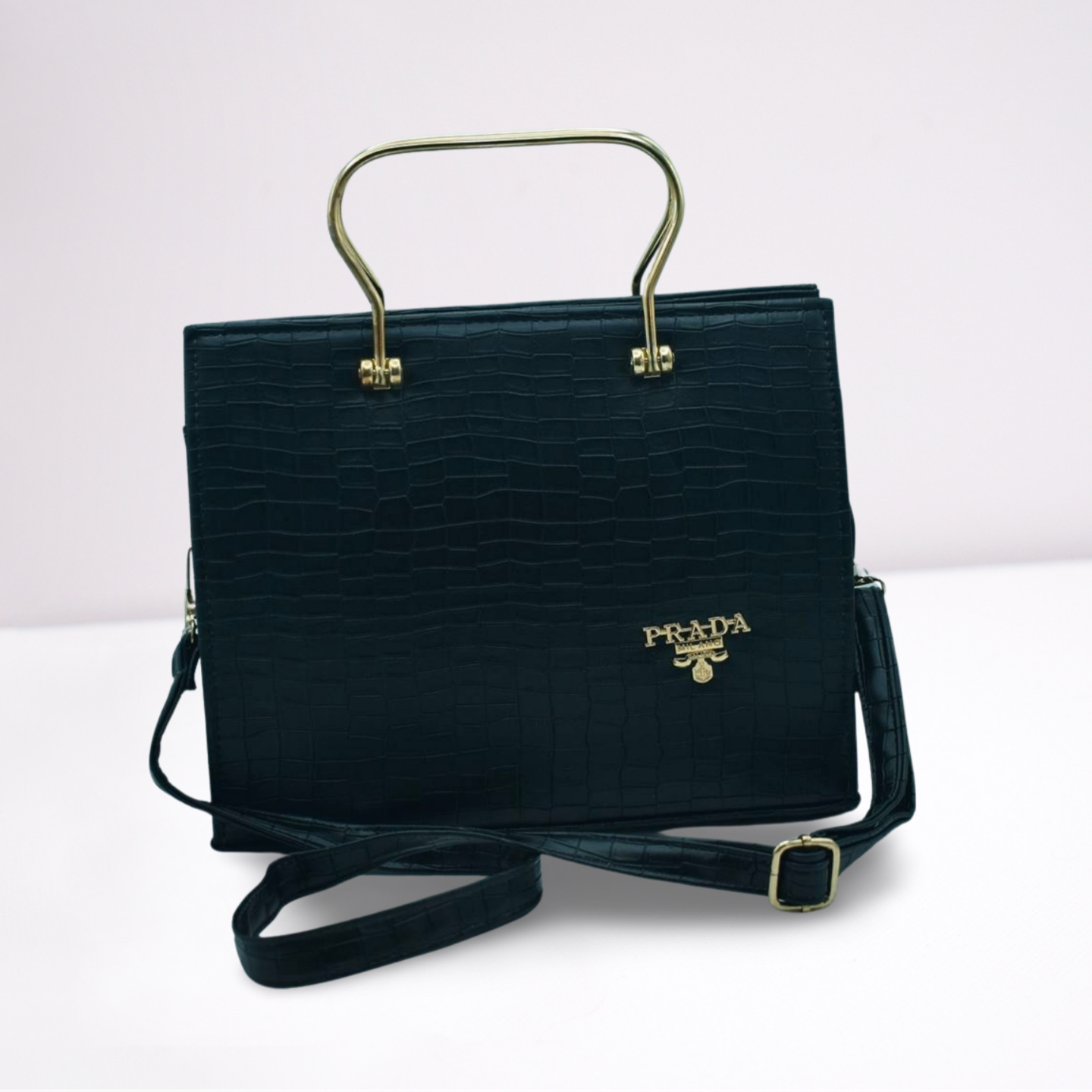 Elegant Prada Crocodile-Effect Bag with Metallic Handle – Sleek and Stylish