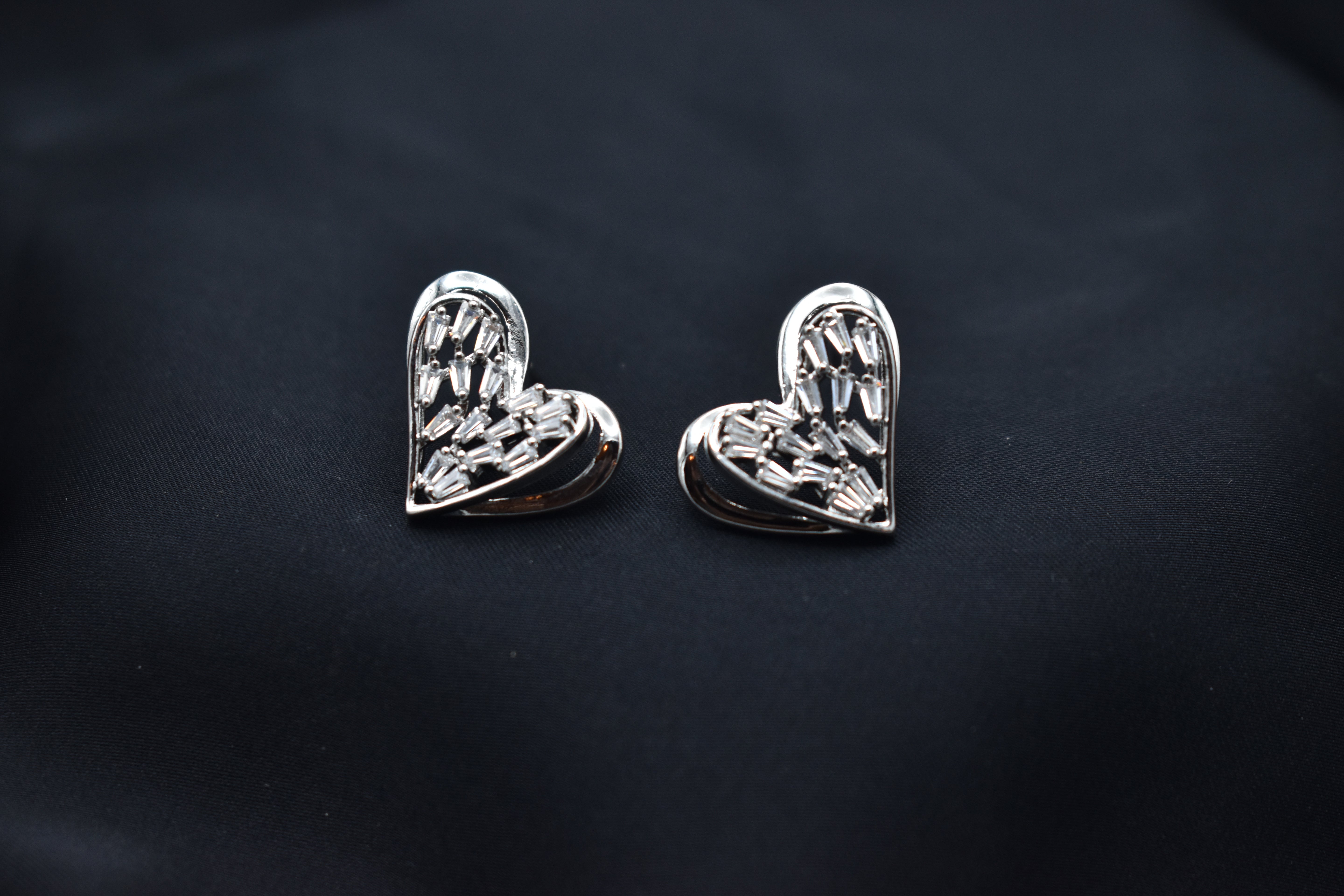 Silver Heart Earrings with Sparkling Baguette Crystals