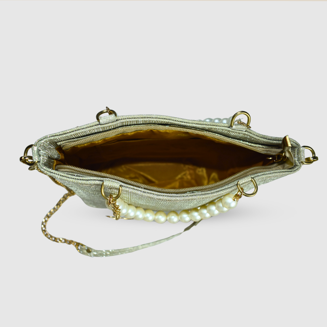 Fancy Women's Handbag with Shimmering Pearl Radiance Handle – Elegant and Stylish Evening Bag