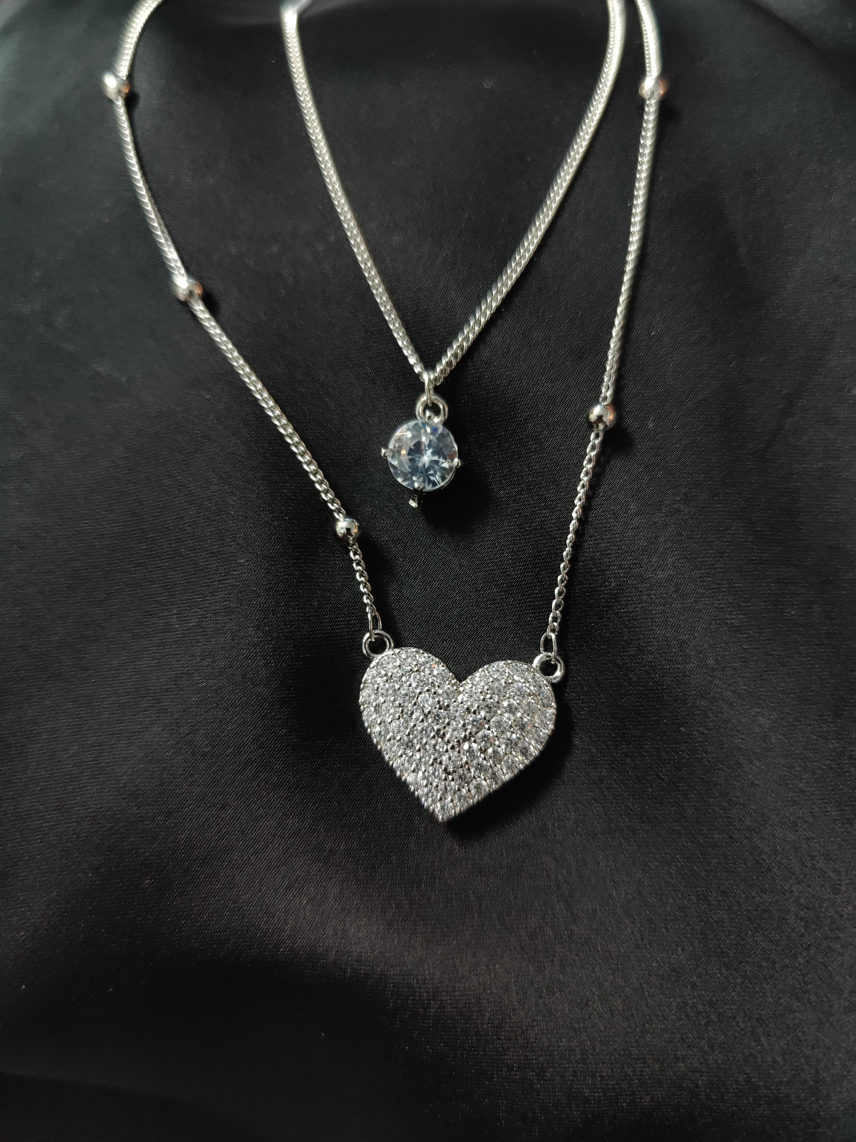 Silver Double Heart Necklace with Diamond lite Accents for Women