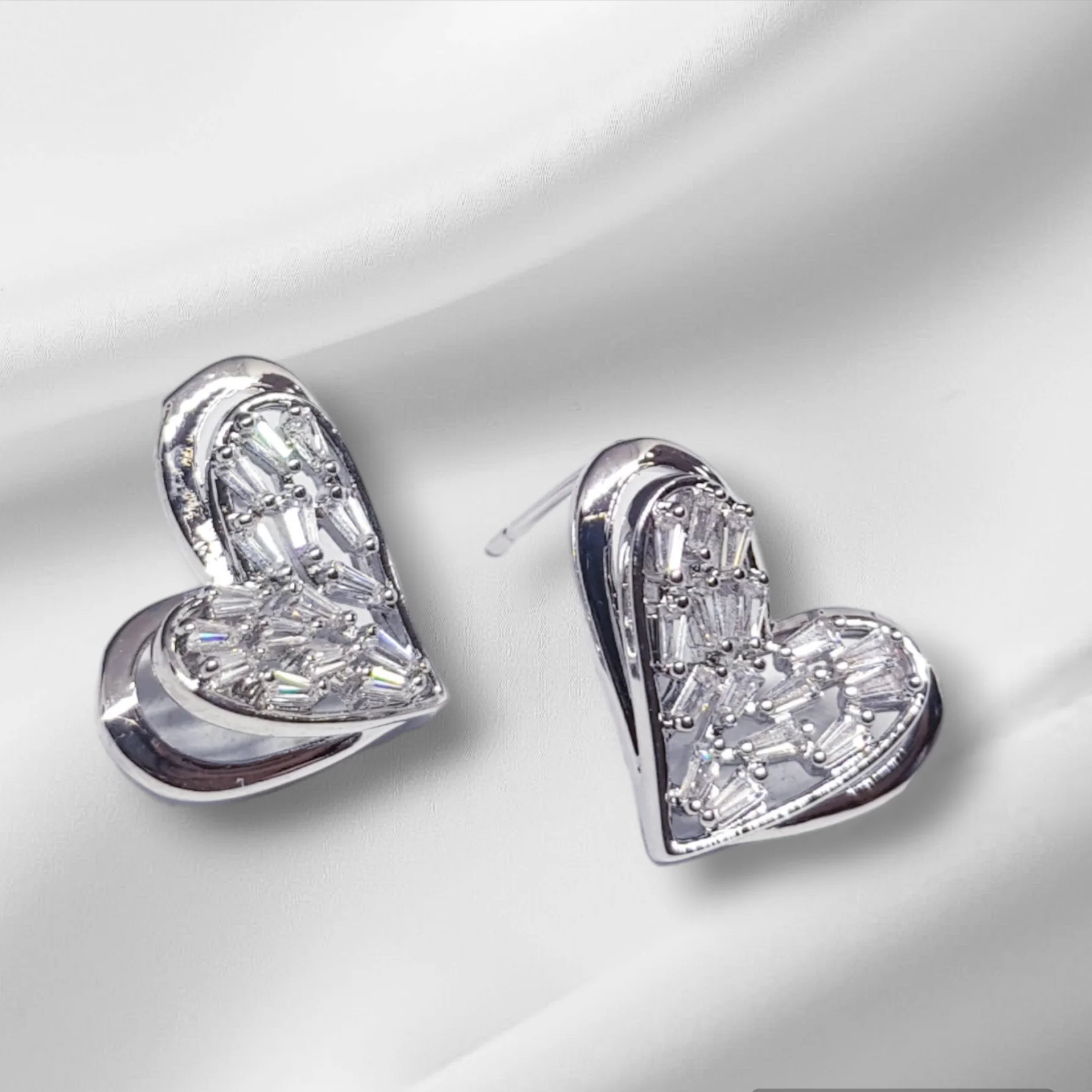 Silver Heart Earrings with Sparkling Baguette Crystals